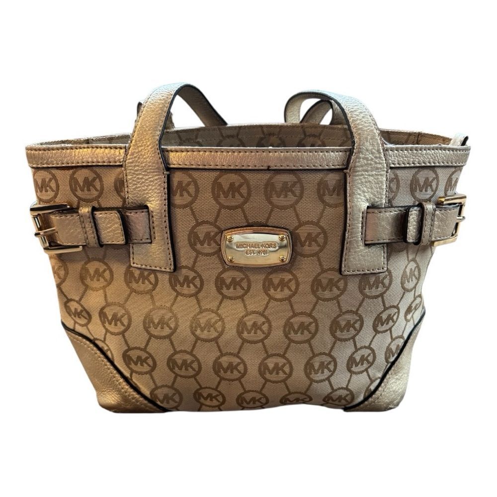 Michael Kors Small Monogrammed Leather Tote featuring the brand's signature logo